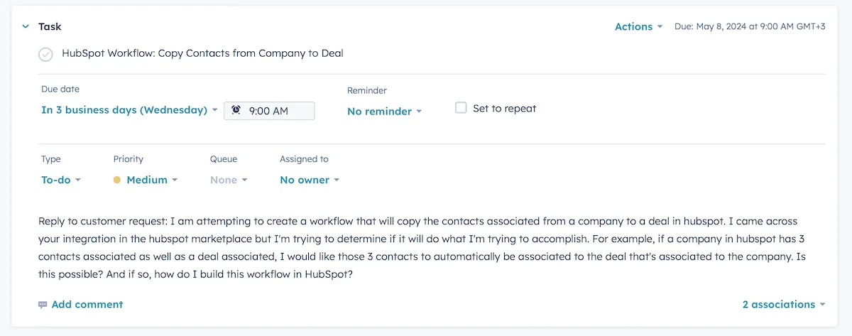 Generate task in HubSpot 3